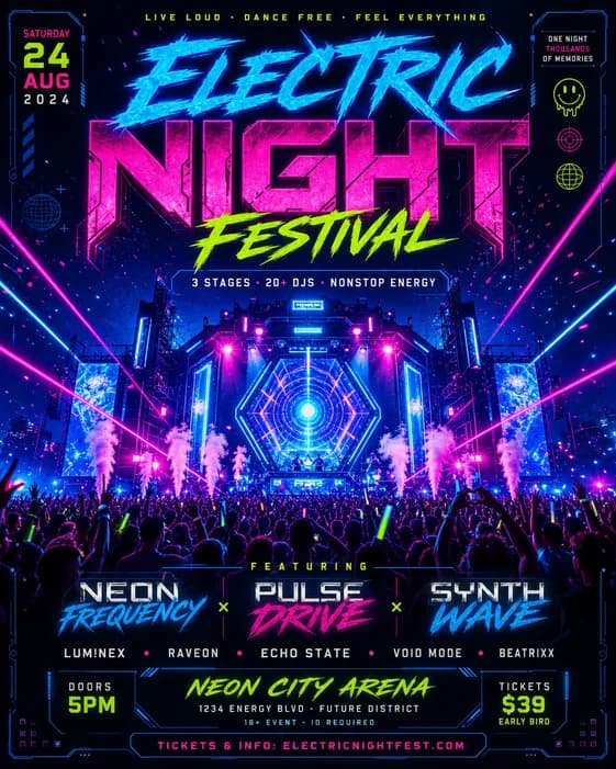 Electric Night Festival party flyer example with neon colors and ticket details